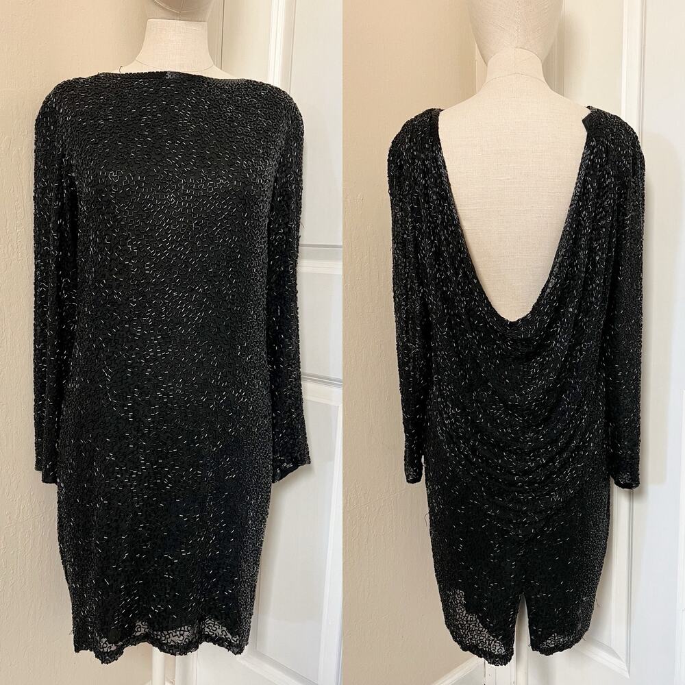 VTG Oleg Cassini Dress Sz 10 Beaded Backless Long Sleeve Dynasty 80s 90s Silk